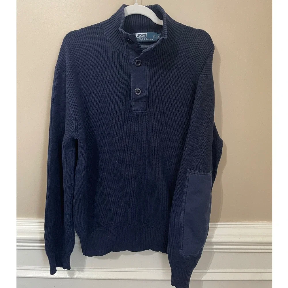 Vtg Polo Ralph Lauren Mens Navy Blue Elbow Patch Henley Military Sweater Size M